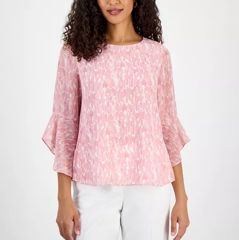 Kasper Printed Bell-Sleeve Top